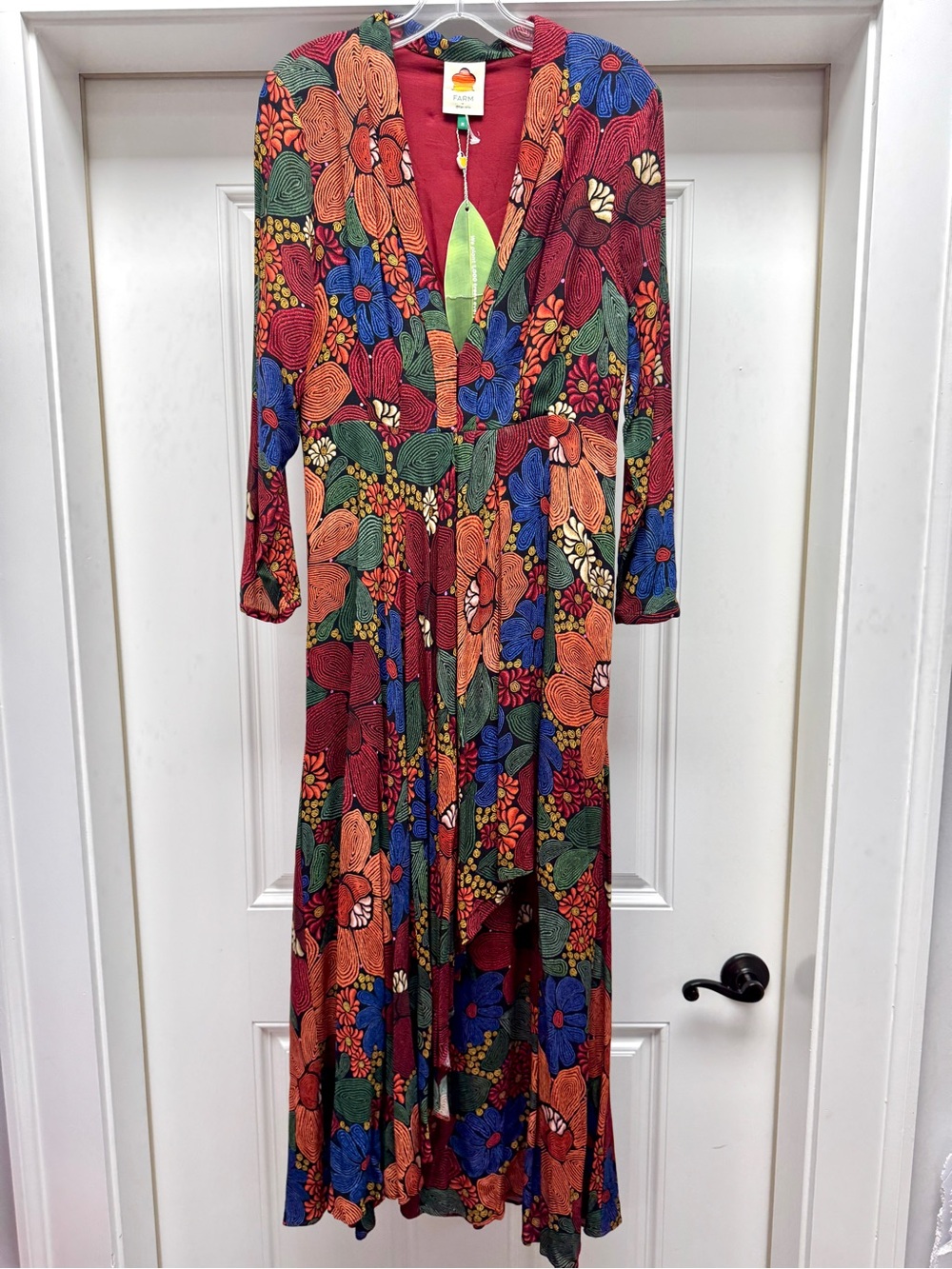 Farm Rio Stitched Flowers V Neck Midi Dress Floral Mutlicolor Medium - Picture 5 of 11